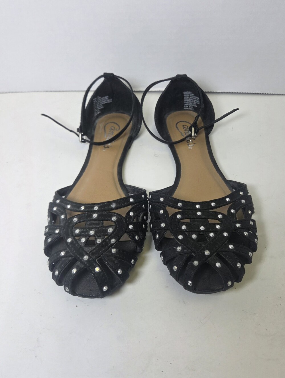Candie's Black Rhinestone Strappy Ankle-Tie Flat Sandals